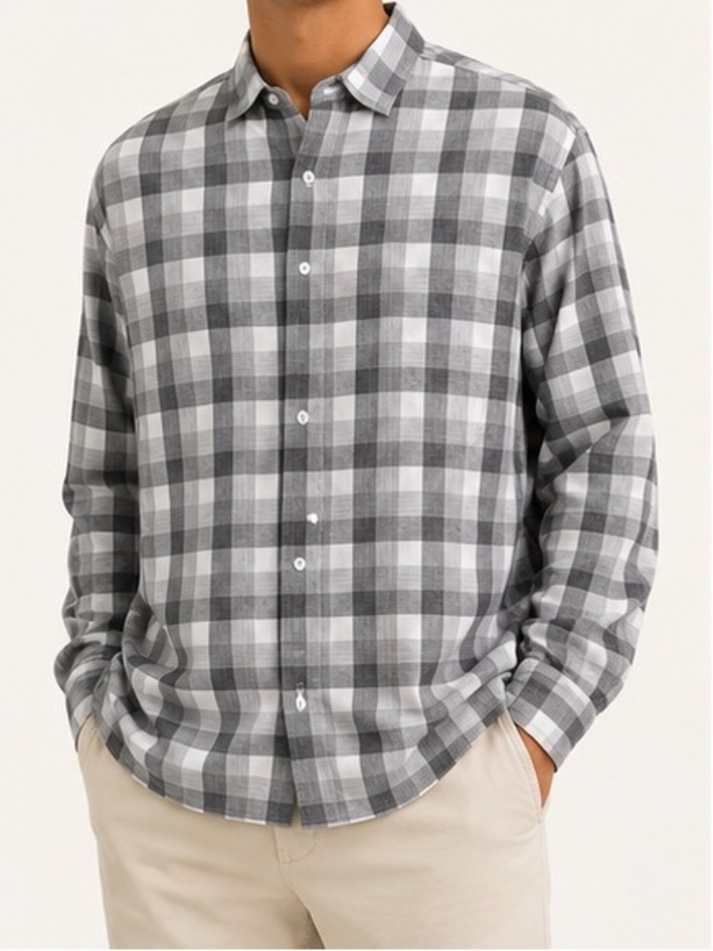 Alfani Gray and White Plaid Button-Down Shirt